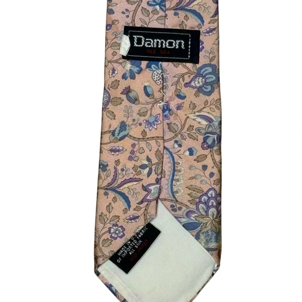 Vintage Damon‎ Silk Tie Blush Pink Floral Paisley Botanical Necktie3.012569